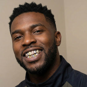 Tri-Color Diamond Cut & Diamond Dust with Iced Fangs Grillz