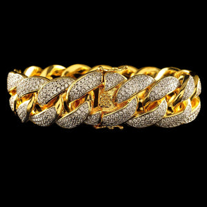 18mm Diamond 3 Row Iced Cuban Link Bracelet in Yellow Gold