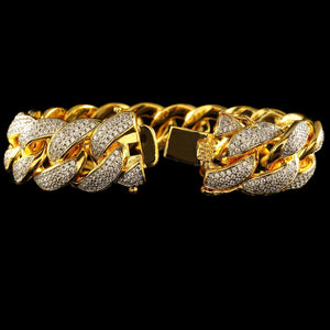 18mm Diamond 3 Row Iced Cuban Link Bracelet in Yellow Gold