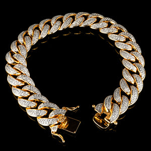 15mm Diamond 2 Row Iced Cuban Link Bracelet in Yellow Gold