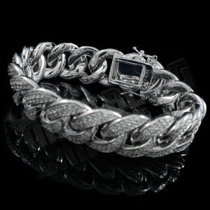 15mm Diamond 2 Row Iced Cuban Link Bracelet in White Gold