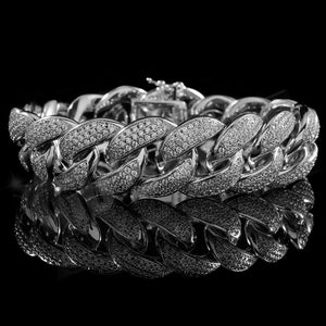 18mm Diamond 3 Row Iced Cuban Link Bracelet in White Gold