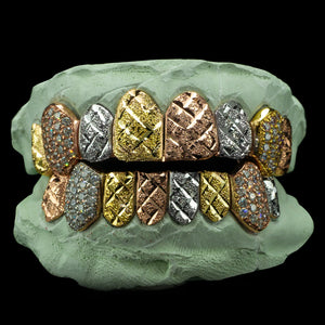 Tri-Color Diamond Cut & Diamond Dust with Iced Fangs Grillz