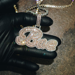 Custom Iced Cursive Baguette Letter Pendant