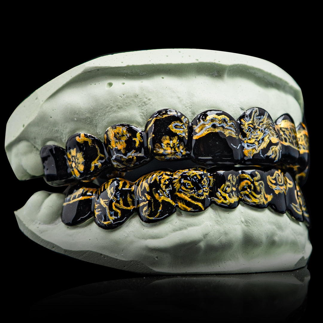 Hand Painted Fine China Porcelain Themed Grillz (Black)