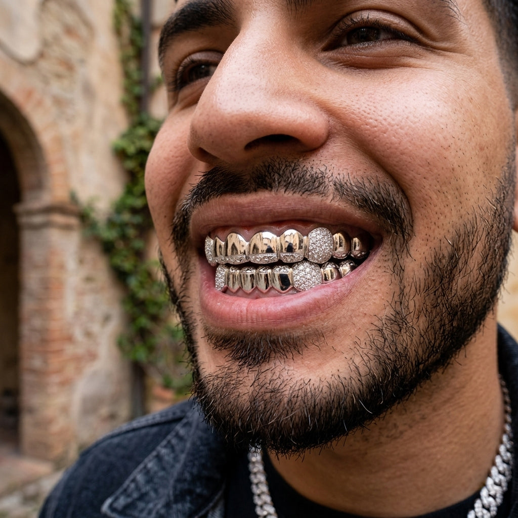 Diamond Cut &amp; Diamond Dust Tips with Iced Fangs Grillz