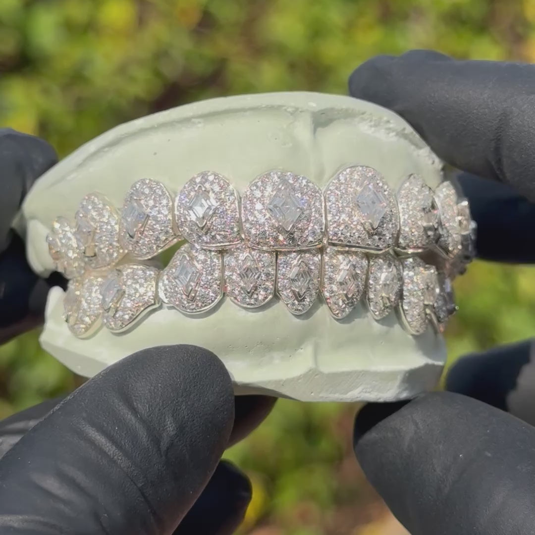Iced VVS Moissanite with Lozenge Cut Center Stone Grillz