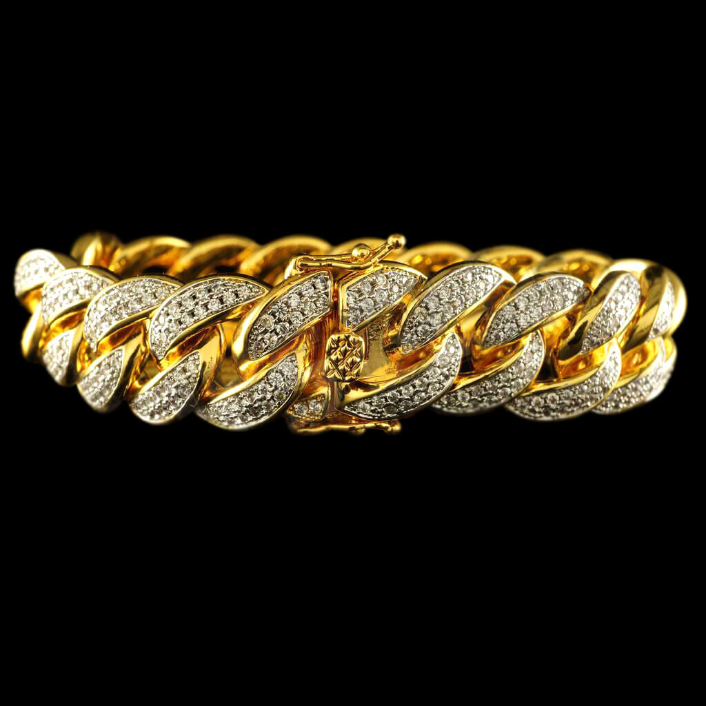 15mm Diamond 2 Row Iced Cuban Link Bracelet in Yellow Gold
