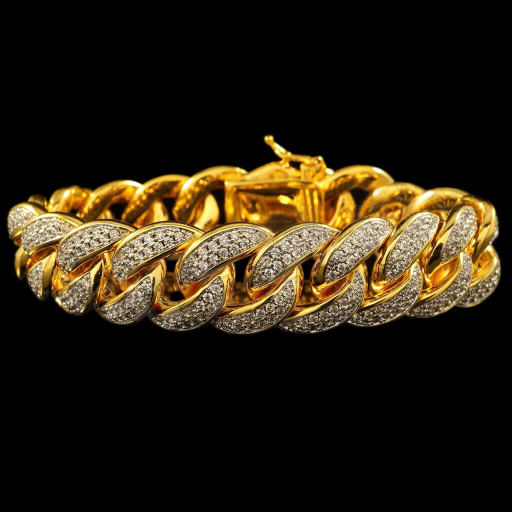 15mm Diamond 2 Row Iced Cuban Link Bracelet in Yellow Gold