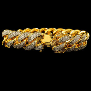 15mm Diamond 2 Row Iced Cuban Link Bracelet in Yellow Gold