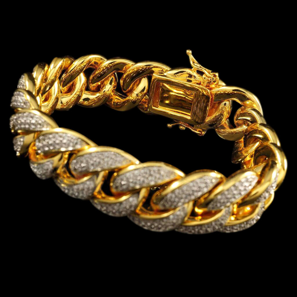 15mm Diamond 2 Row Iced Cuban Link Bracelet in Yellow Gold