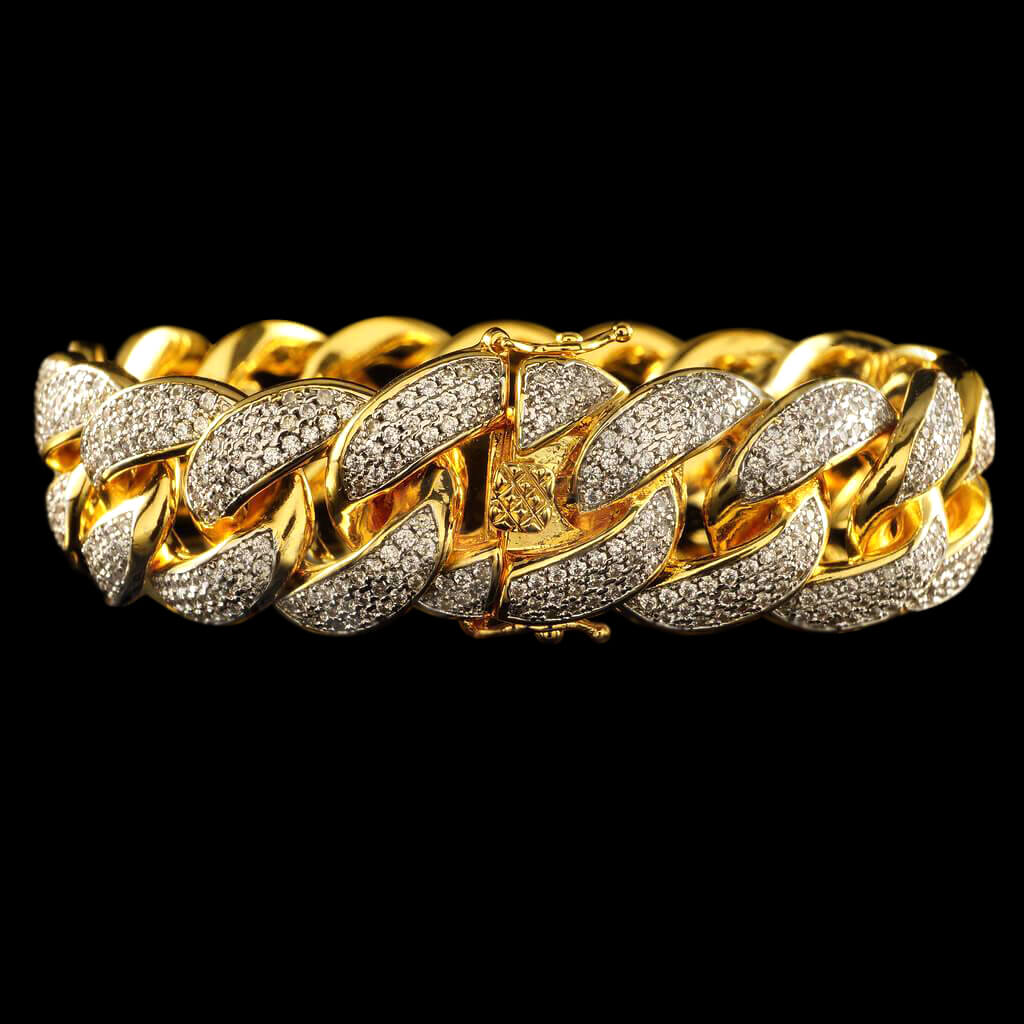 18mm Diamond 3 Row Iced Cuban Link Bracelet in Yellow Gold