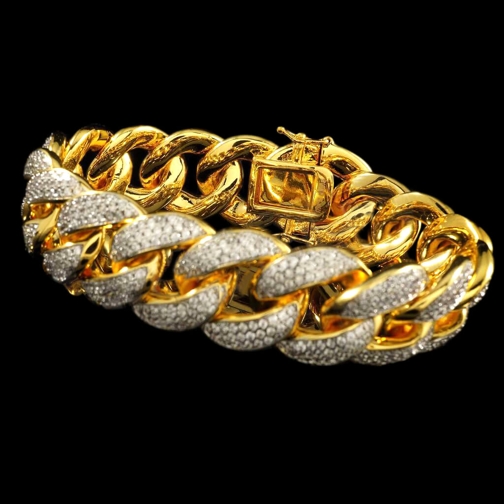 18mm Diamond 3 Row Iced Cuban Link Bracelet in Yellow Gold