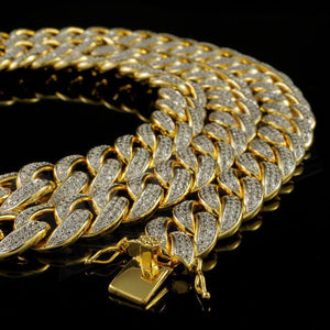 15mm Diamond 2 Row Miami Cuban Link Chain in Yellow Gold