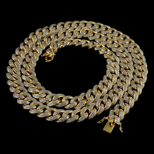 15mm Diamond 2 Row Miami Cuban Link Chain in Yellow Gold