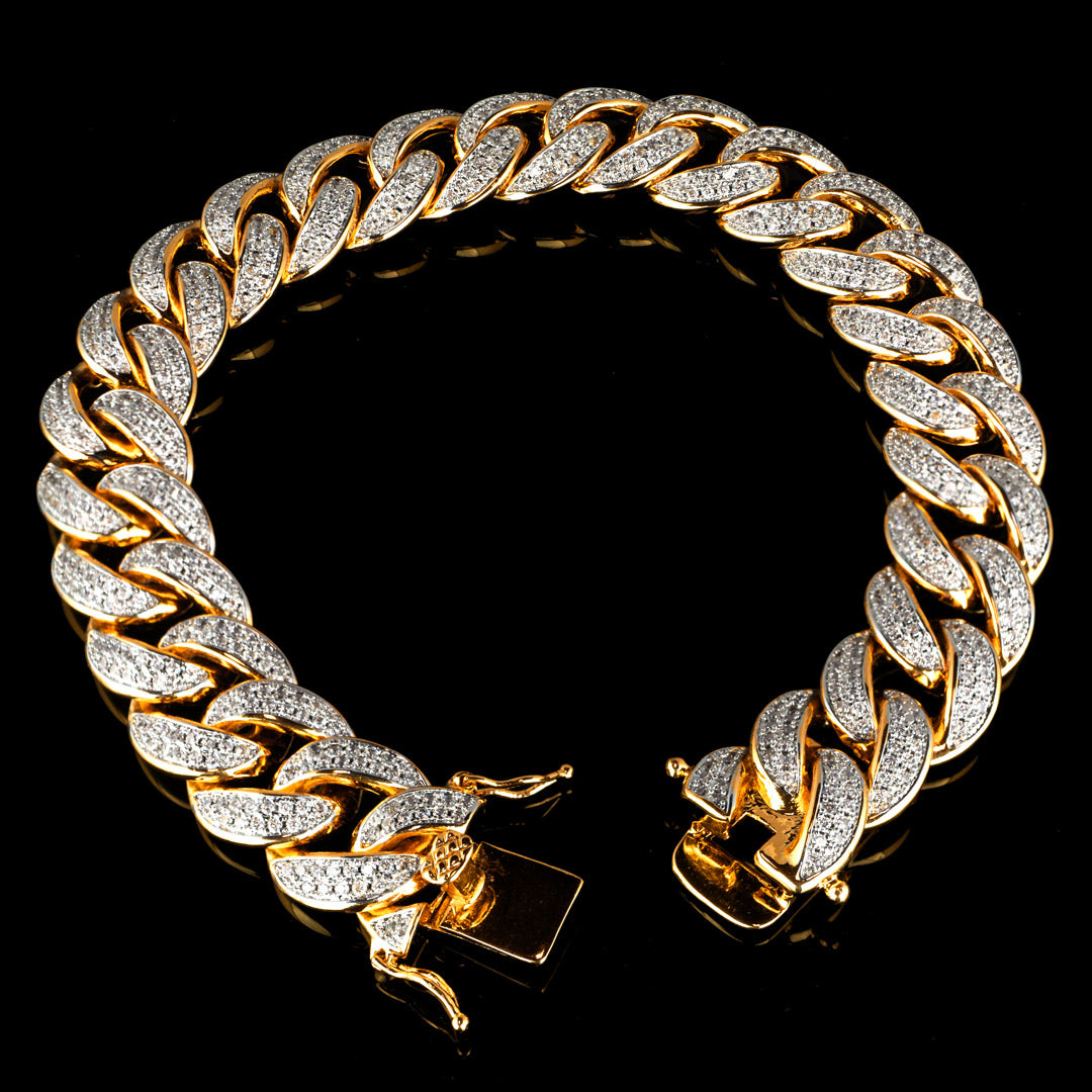 15mm Diamond 2 Row Iced Cuban Link Bracelet in Yellow Gold