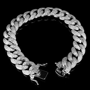 15mm Diamond 2 Row Iced Cuban Link Bracelet in White Gold