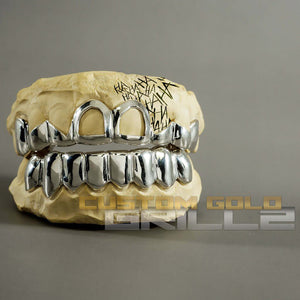 Solid Sterling Silver Teeth Joker Custom-Made Grillz including Logo on Creative Background