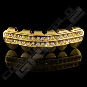 Gold Plated 2 Row Iced Out Gold Grillz Instantly-Made Bottom Front View