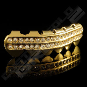Gold Plated 2 Row Iced Out Gold Grillz Instantly-Made Bottom Side View