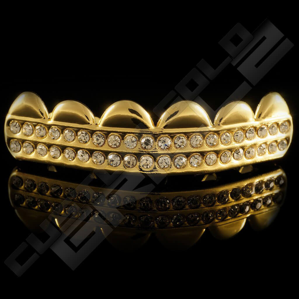 Gold Plated 2 Row Iced Out Gold Grillz Instantly-Made Top Front View