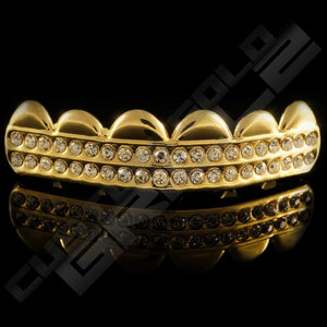Gold Plated 2 Row Iced Out Gold Grillz Instantly-Made Top Front View