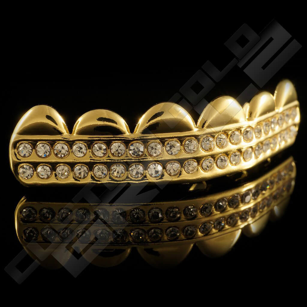 Gold Plated 2 Row Iced Out Gold Grillz Instantly-Made Top Side View