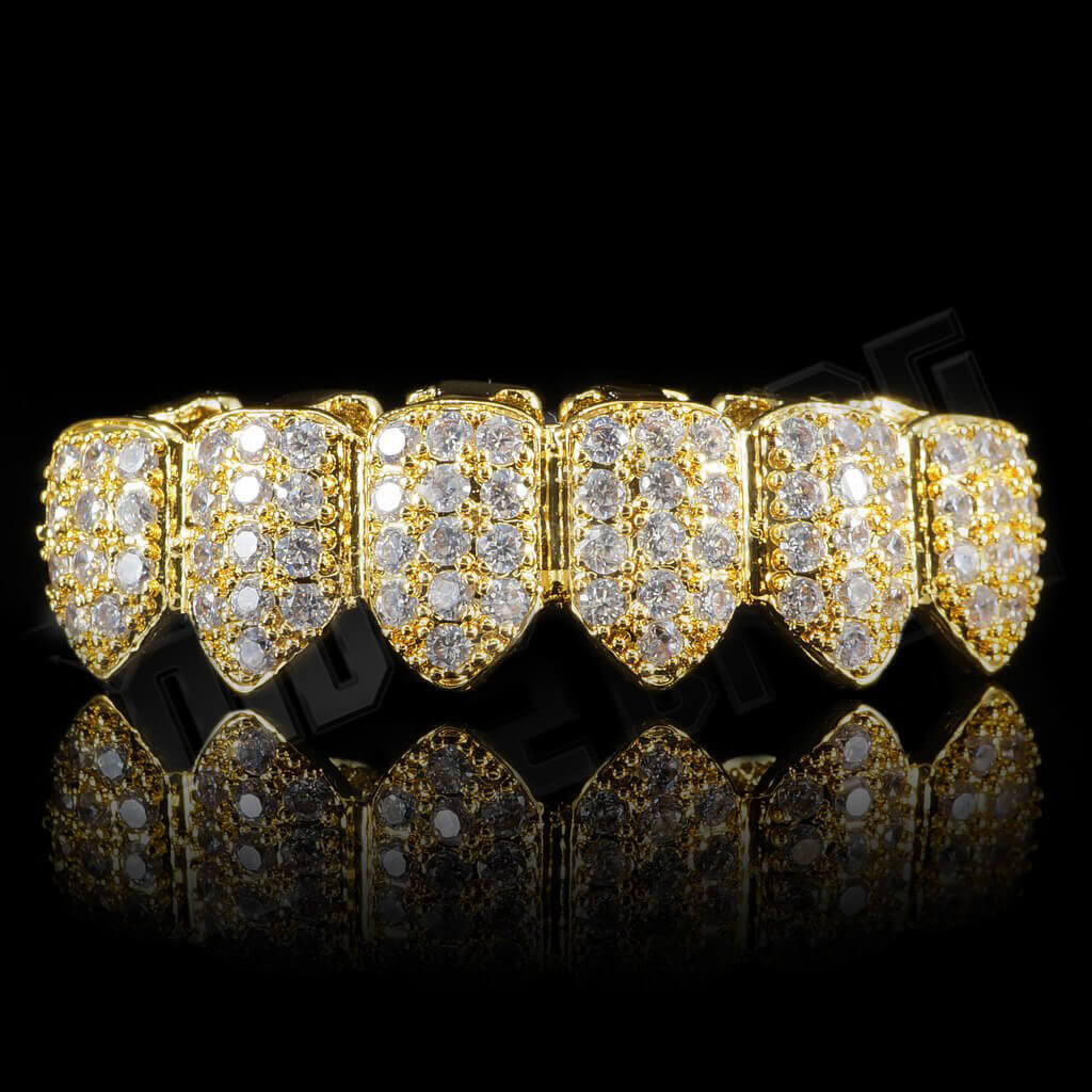 Gold Plated CZ Cluster Premium Grillz Instantly-Made Bottom Front View
