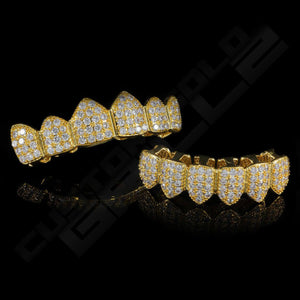 Gold Plated CZ Cluster Premium Grillz Instantly-Made Top and Bottom Front View