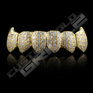 Gold Plated Fanged CZ Cluster Premium Grillz Instantly-Made Bottom Front View