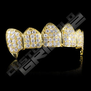 Gold Plated Fanged CZ Cluster Premium Grillz Instantly-Made Top Side View