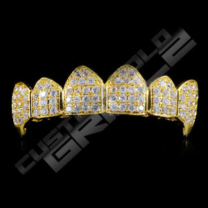 Gold Plated Fanged CZ Cluster Premium Grillz Instantly-Made Top Front View