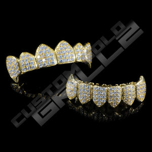 Gold Plated Fanged CZ Cluster Premium Grillz Instantly-Made Top and Bottom View
