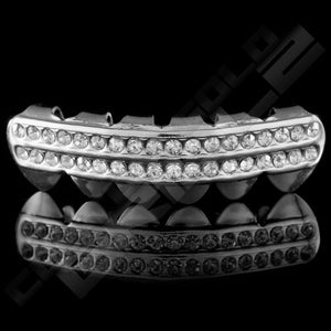 Silver Plated 2 Row Iced Out Grillz Instantly-Made Bottom Front View