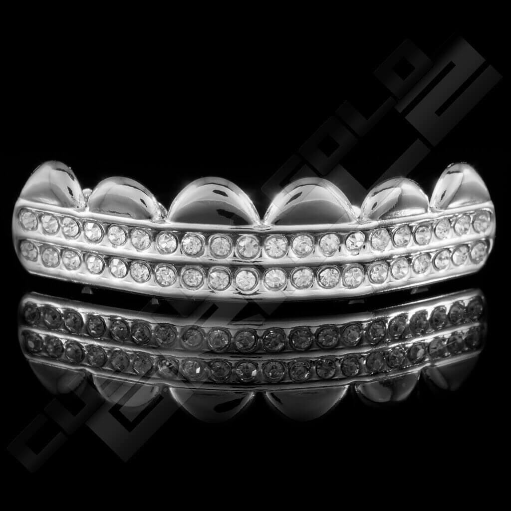 Silver Plated 2 Row Iced Out Grillz Instantly-Made Top Front View