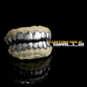 Solid .925 Sterling Silver Deep Cut Custom-Made Grillz including Logo on Black Background