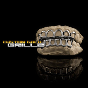 Solid .925 Sterling Silver Open Face Custom-Made Grillz including Logo on Black Background