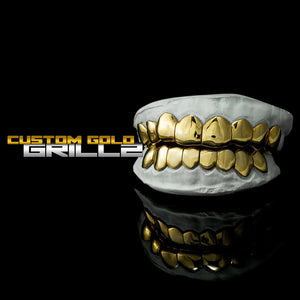 Solid Gold Deep Cut Custom-Made Grillz including Logo on Black Background