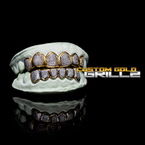 Solid Gold Two Tone Diamond Dust Custom-Made Grillz including Logo on Black Background