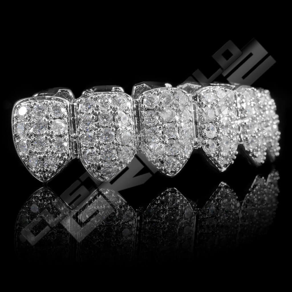 White Gold Plated CZ Cluster Premium Grillz Instantly-Made Bottom Side View