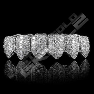 White Gold Plated CZ Cluster Premium Grillz Instantly-Made Bottom Front View