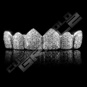 White Gold Plated CZ Cluster Premium Grillz Instantly-Made Top Front View