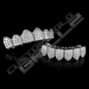 White Gold Plated CZ Cluster Premium Grillz Instantly-Made Top and Bottom View
