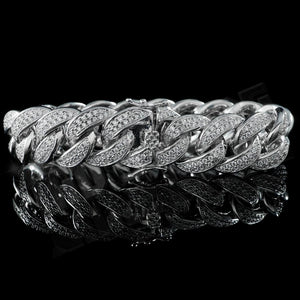 15mm Diamond 2 Row Iced Cuban Link Bracelet in White Gold