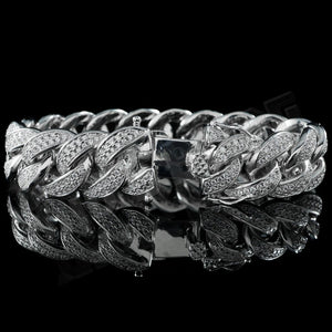 15mm Diamond 2 Row Iced Cuban Link Bracelet in White Gold