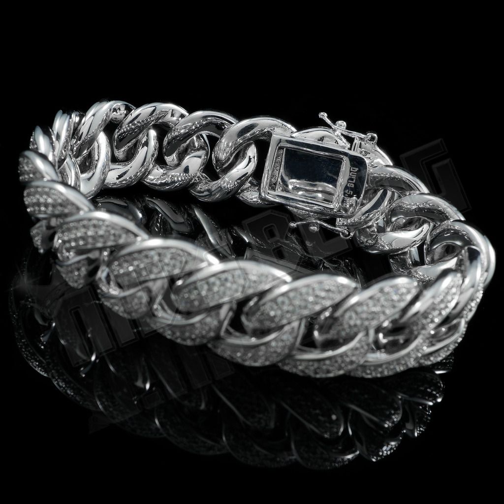 15mm Diamond 2 Row Iced Cuban Link Bracelet in White Gold