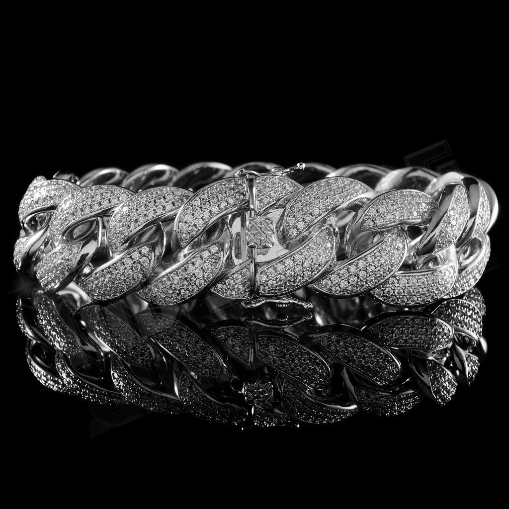 18mm Diamond 3 Row Iced Cuban Link Bracelet in White Gold