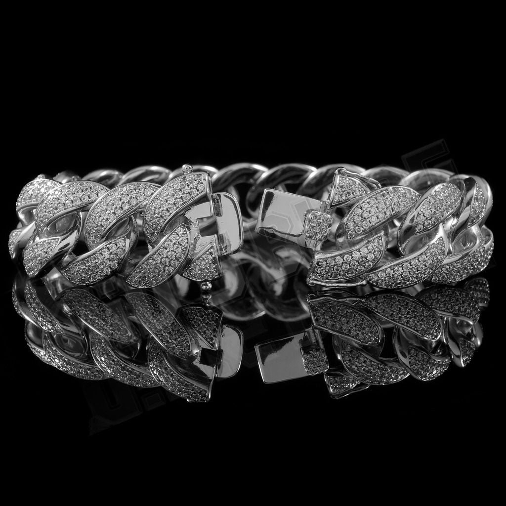 18mm Diamond 3 Row Iced Cuban Link Bracelet in White Gold