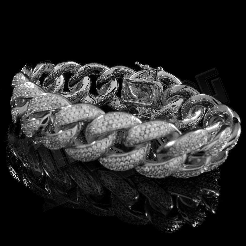 18mm Diamond 3 Row Iced Cuban Link Bracelet in White Gold