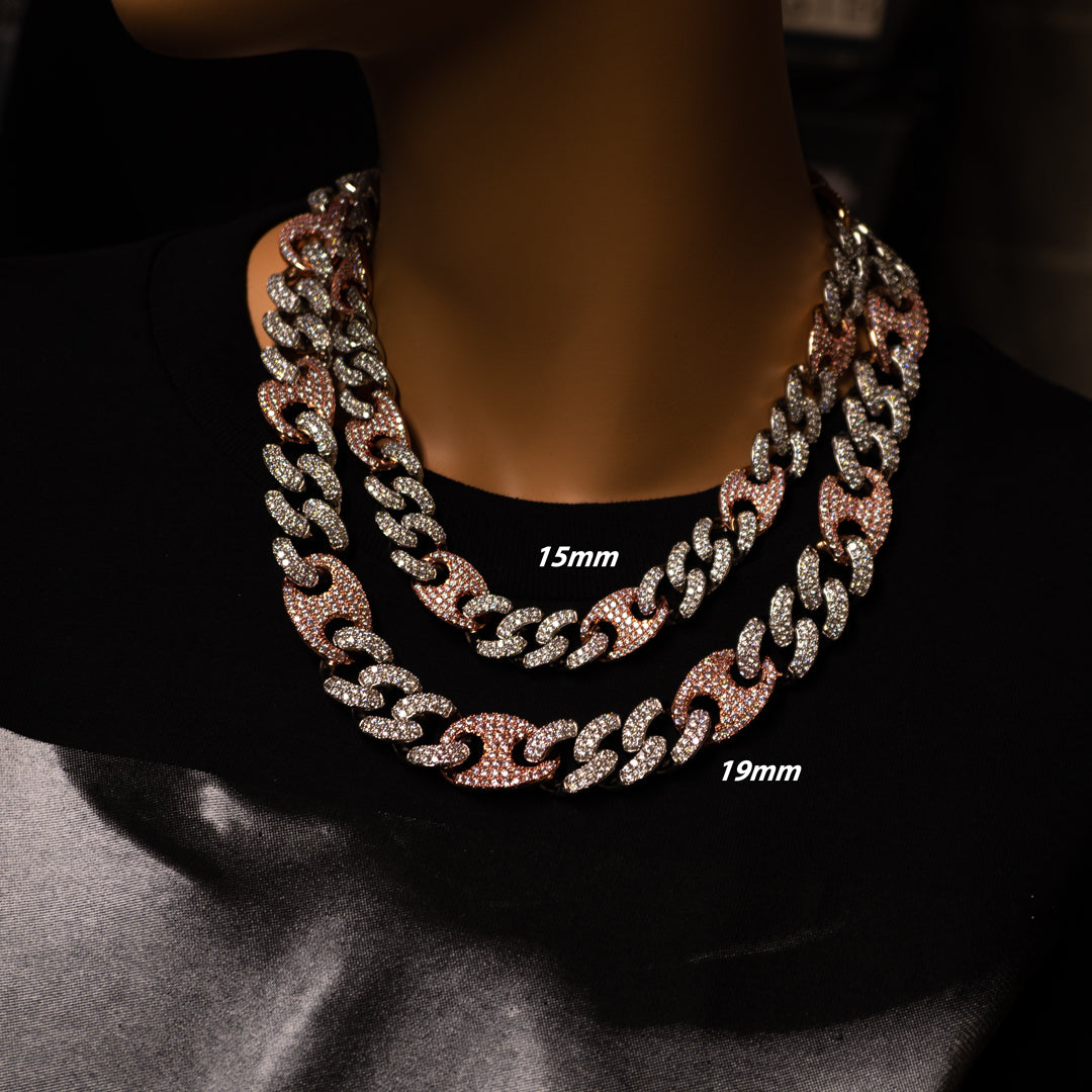 15mm/19mm Diamond Mariner Cuban Chain in Two Tone Rose Gold and White Gold